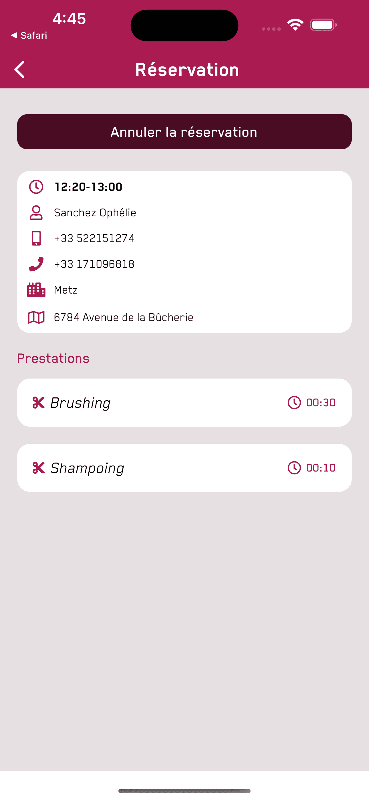 Tiffeo — Écran de réservation